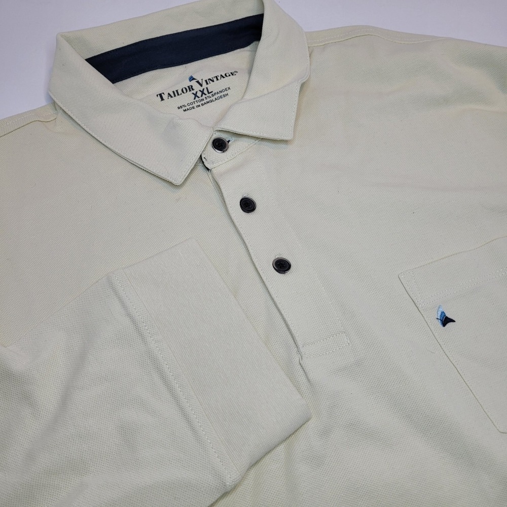 Tailor Vintage Long Sleeve Polo Mens XXL Cream Excellent Pique Knit Pocket Shirt